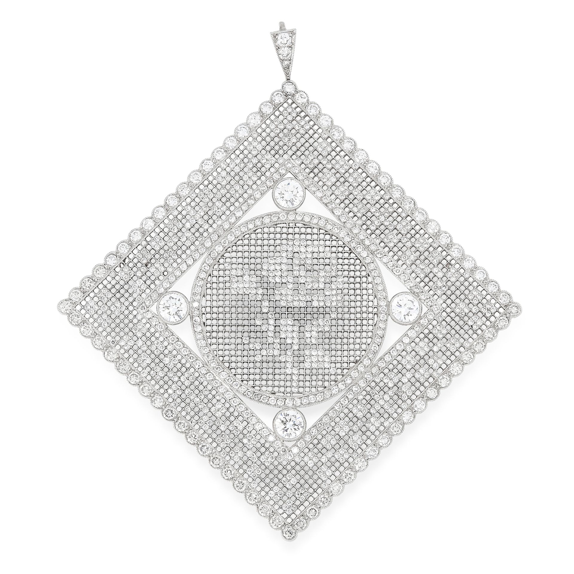 A DIAMOND PENDANT the large square body of lattice design inset with four principal round cut