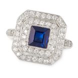 A SAPPHIRE AND DIAMOND DRESS RING, CIRCA 1930 in 18ct yellow gold, set with a square cut sapphire of