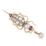 AN ANTIQUE DIAMOND AND RUBY BEETLE BROOCH, LATE 19TH CENTURY in high carat yellow gold and silver,