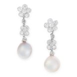A PAIR OF NATURAL PEARL AND DIAMOND EARRINGS each set with a natural pearl of 9.71 and 9.04mm,