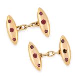 A PAIR OF ANTIQUE RUBY CUFFLINKS, EARLY 20TH CENTURY in yellow gold, each formed of two navette