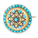 AN ANTIQUE TURQUOISE, DIAMOND AND ENAMEL BROOCH, 19TH CENTURY in high carat yellow gold, the