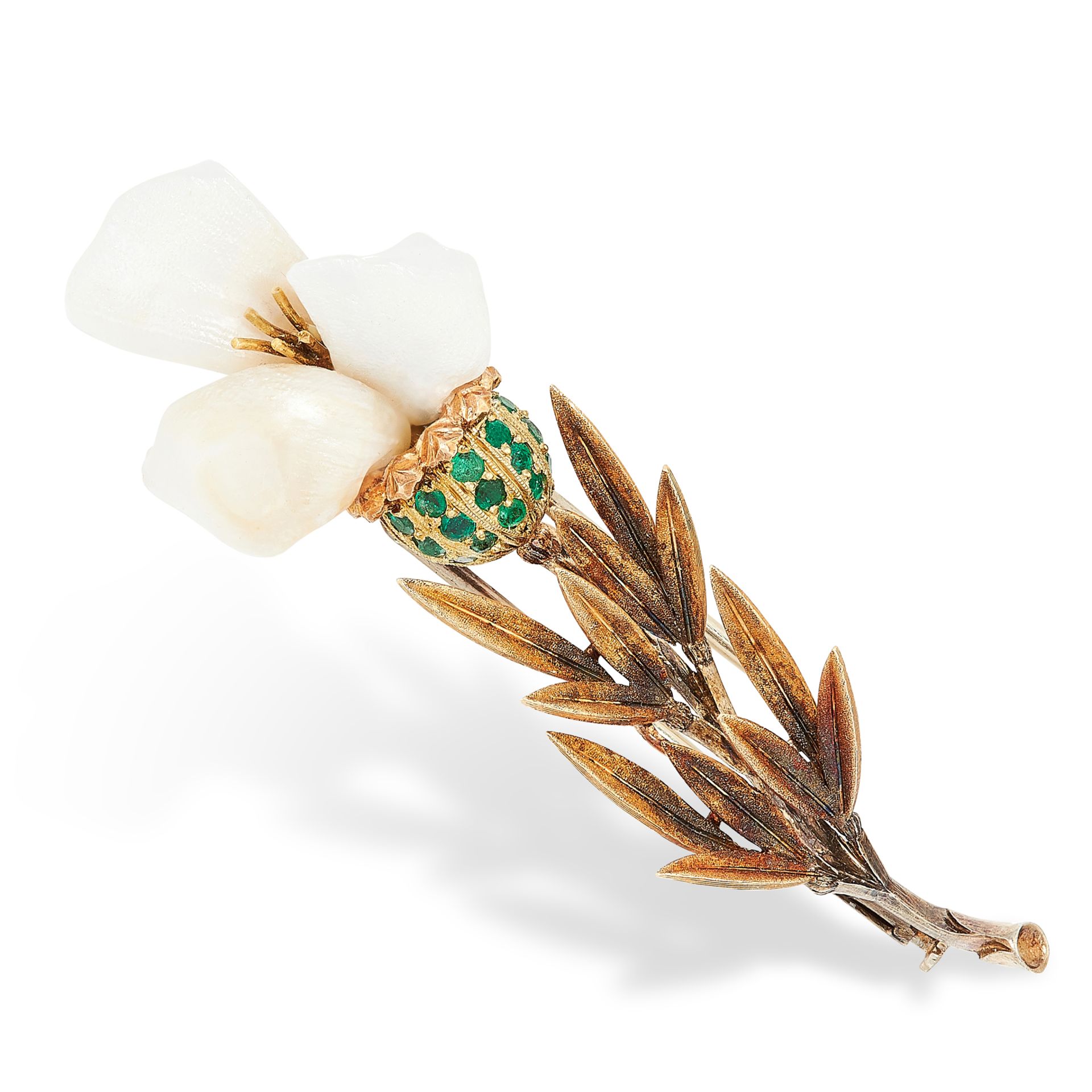 A VINTAGE FRESHWATER PEARL AND EMERALD BROOCH, BUCCELLATI in 18ct yellow gold, designed as a spray