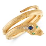 AN ANTIQUE SAPPHIRE, EMERALD AND DIAMOND SNAKE BANGLE in high carat yellow gold, the articulated