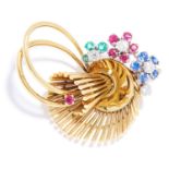 A VINTAGE SAPPHIRE, RUBY, EMERALD AND DIAMOND BROOCH in 18ct yellow gold, in abstract design,