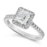 A 1.01 CARATS SOLITAIRE DIAMOND HALO RING in 18ct white gold, set with an emerald cut diamond of 1.