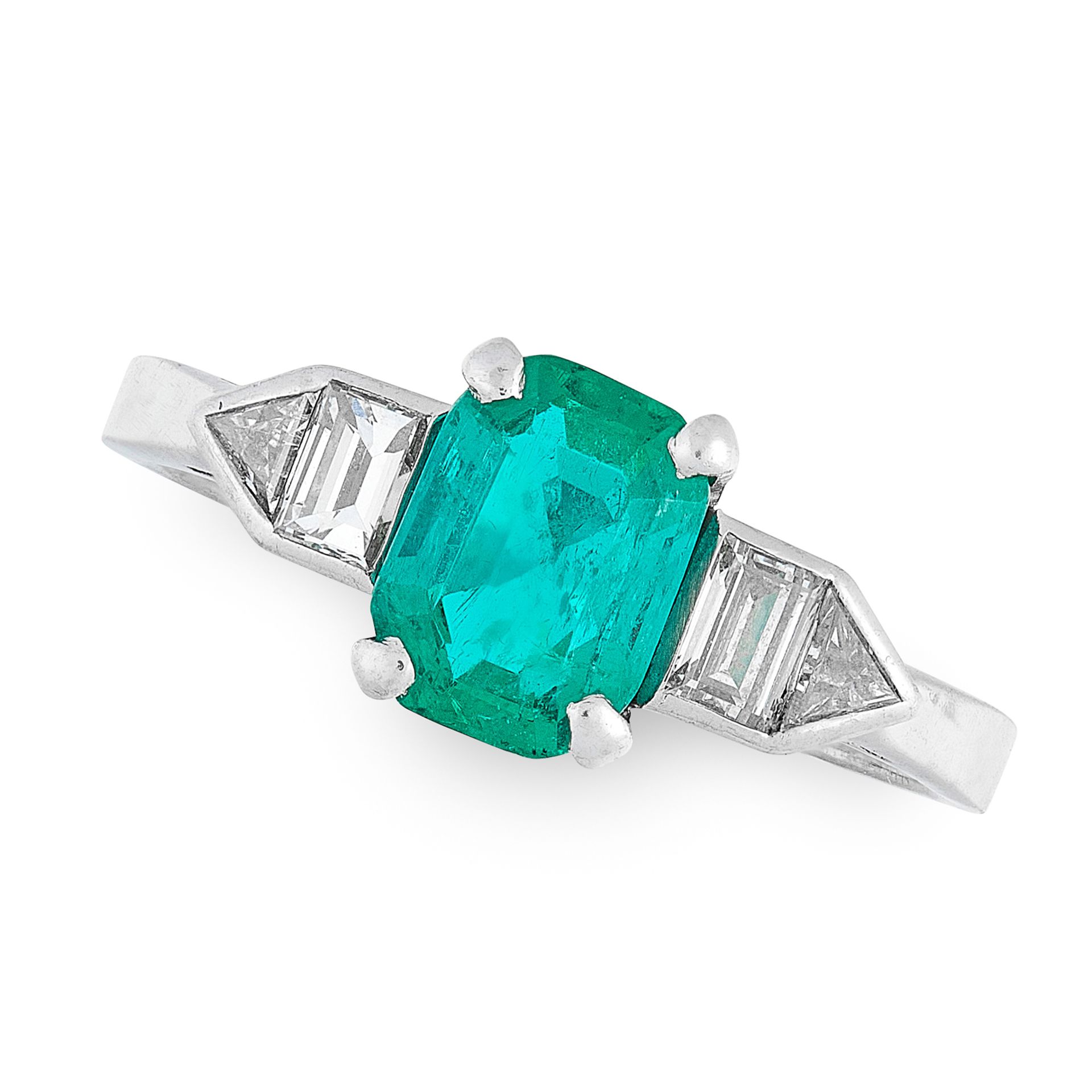AN EMERALD AND DIAMOND DRESS RING set with an emerald cut emerald of 1.41 carats between geometric
