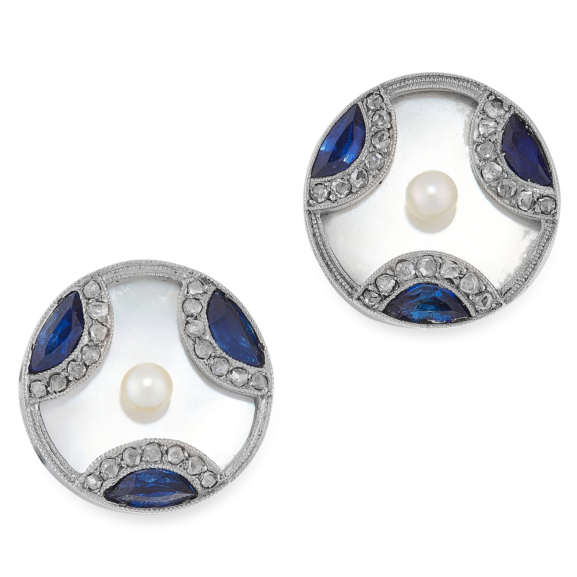 A PAIR OF ART DECO SAPPHIRE, MOTHER OF PEARL, PEARL AND DIAMOND EARRINGS in platinum, each of
