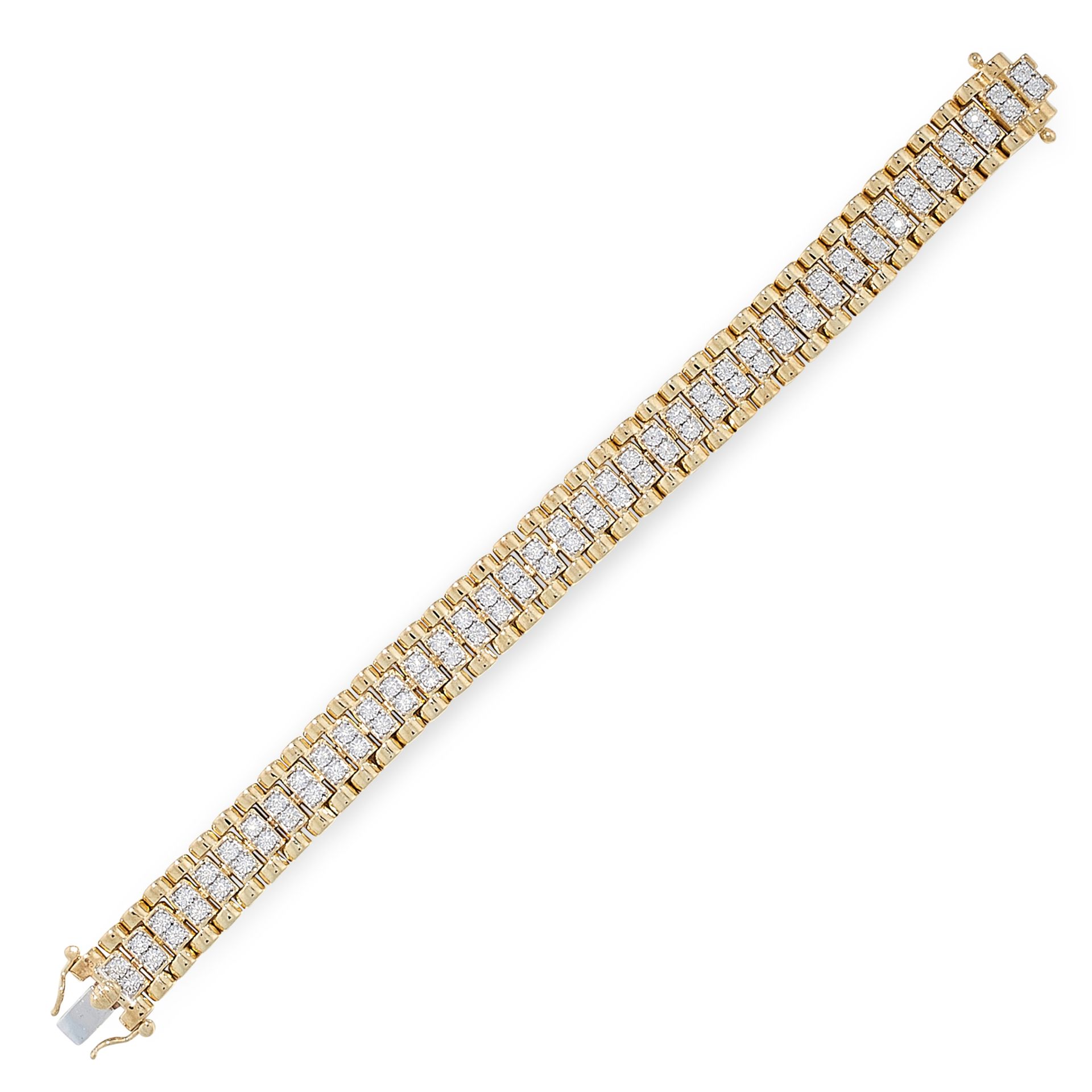 A CHILD'S DIAMOND BRACELET in yellow and white gold, in the manner of a Rolex watch strap, set