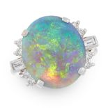 A BLACK OPAL AND DIAMOND RING in 18ct white gold, set with an oval cabochon black opal of 4.57