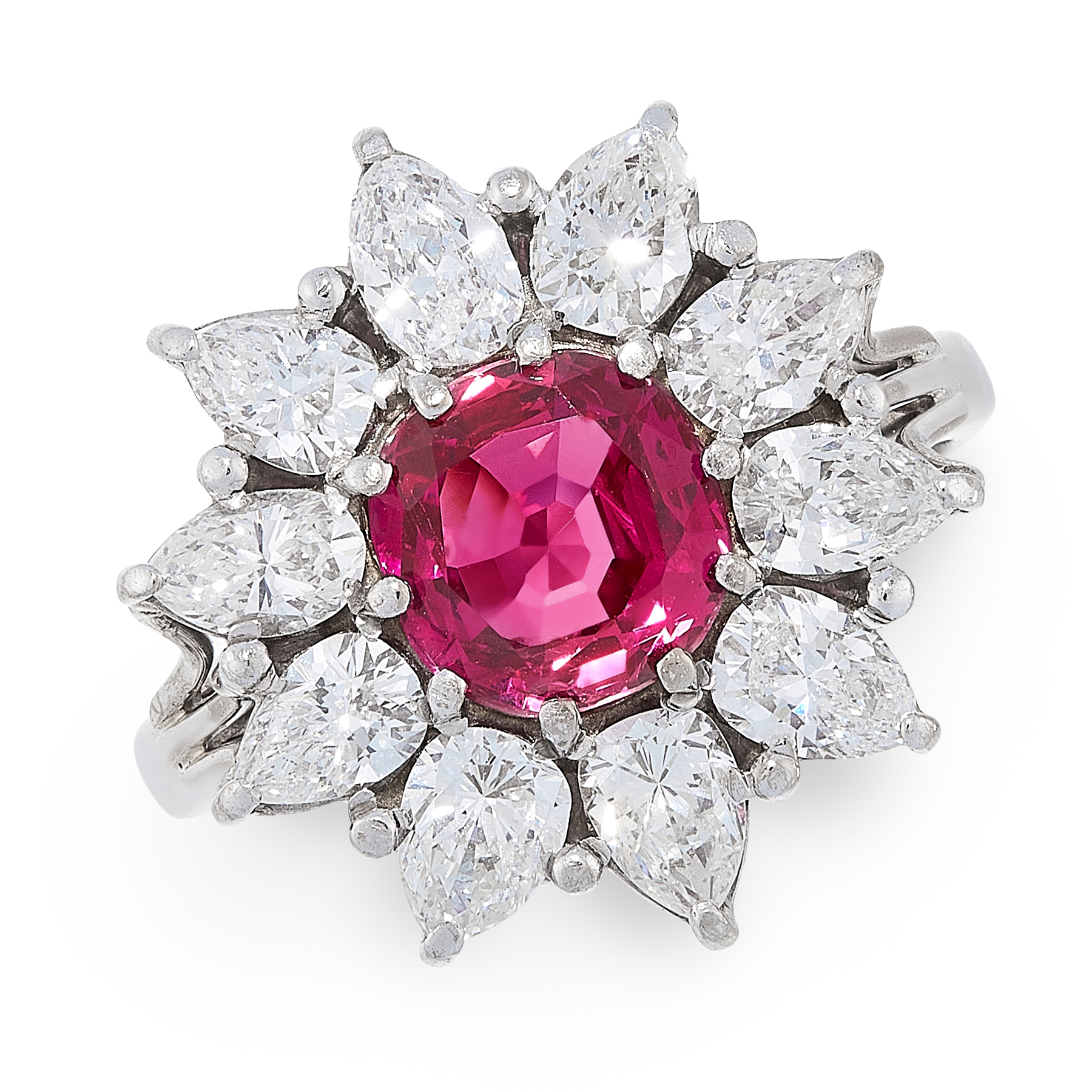 A BURMA NO HEAT RUBY AND DIAMOND RING in 18ct white gold, set with a central cushion cut ruby of 2.0