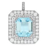 AN AQUAMARINE AND DIAMOND PENDANT set with an emerald cut aquamarine of 10.92 carats, within a two