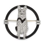 AN ART DECO ONYX, DIAMOND AND ENAMEL BROOCH designed to depict a dog, sitting, within a circular