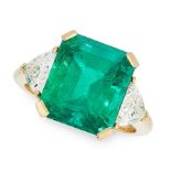 A COLOMBIAN EMERALD AND DIAMOND RING in 18ct yellow gold, set with an emerald cut emerald of 7.75