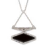 AN ART DECO ONYX AND DIAMOND PENDANT NECKLACE in platinum, set with a polished diamond shaped