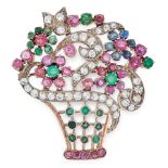 A VINTAGE GEMSET GIARDINETTO BROOCH in yellow and white gold, designed as a basket of flowers,