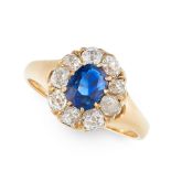 AN ANTIQUE SAPPHIRE AND DIAMOND RING, 19TH CENTURY in 18ct yellow gold, set with a cushion cut