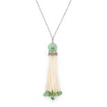 AN ART DECO PEARL AND JADEITE JADE TASSEL PENDANT NECKLACE CIRCA 1930 in white gold, the pendant