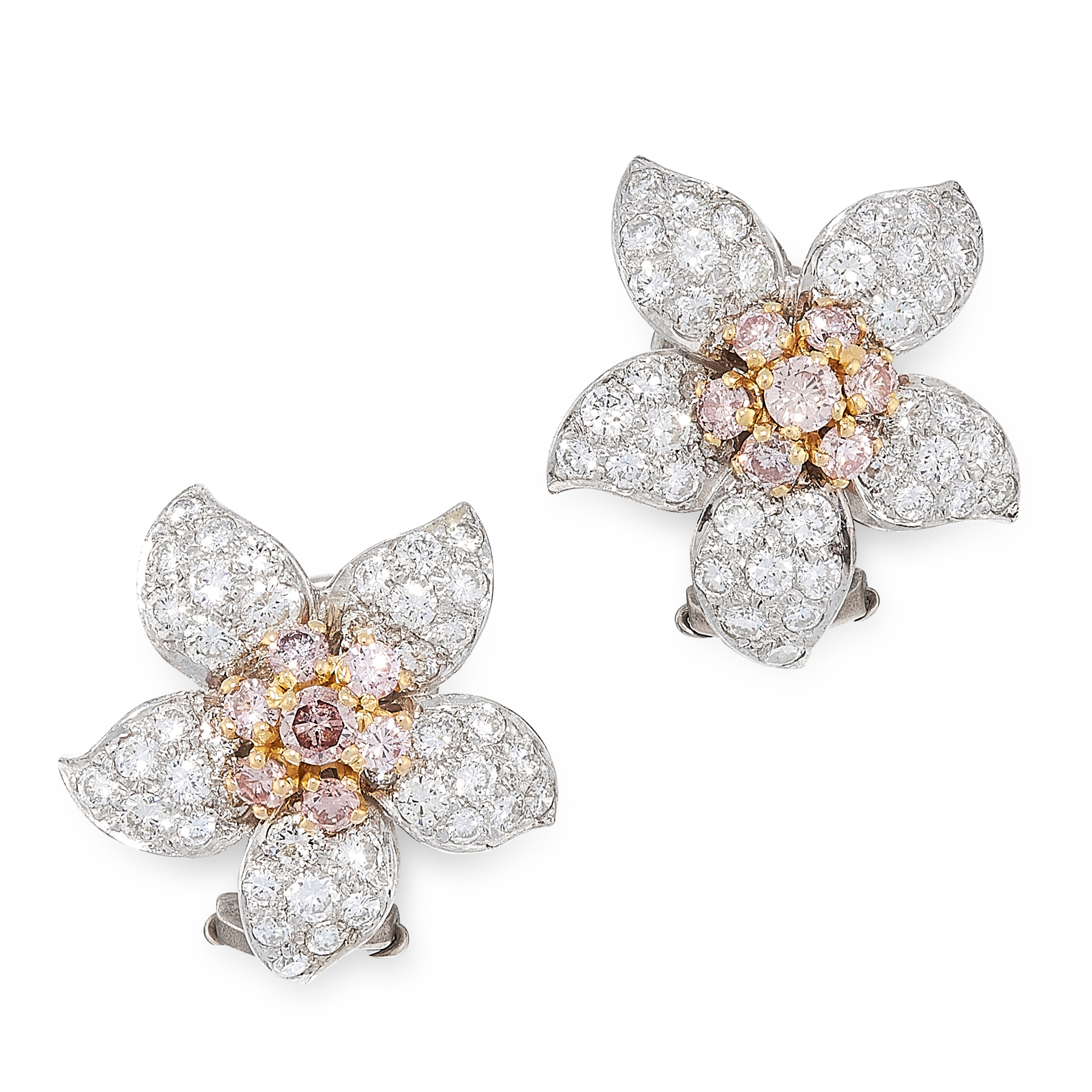 A PAIR OF FANCY PINK AND WHITE DIAMOND EARRINGS in 18ct white gold, each designed as a flower, set