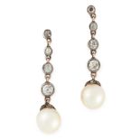 A PAIR OF PEARL AND DIAMOND DROP EARRINGS in yellow gold and silver, each set with a pearl of 9.5mm,