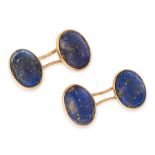 A PAIR OF VINTAGE LAPIS LAZULI SCARAB CUFFLINKS in 18ct yellow gold, each formed of two carved lapis