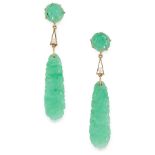 A PAIR OF ANTIQUE JADEITE JADE AND PEARL EARRINGS, EARLY 20TH CENTURY in 15ct yellow gold, each