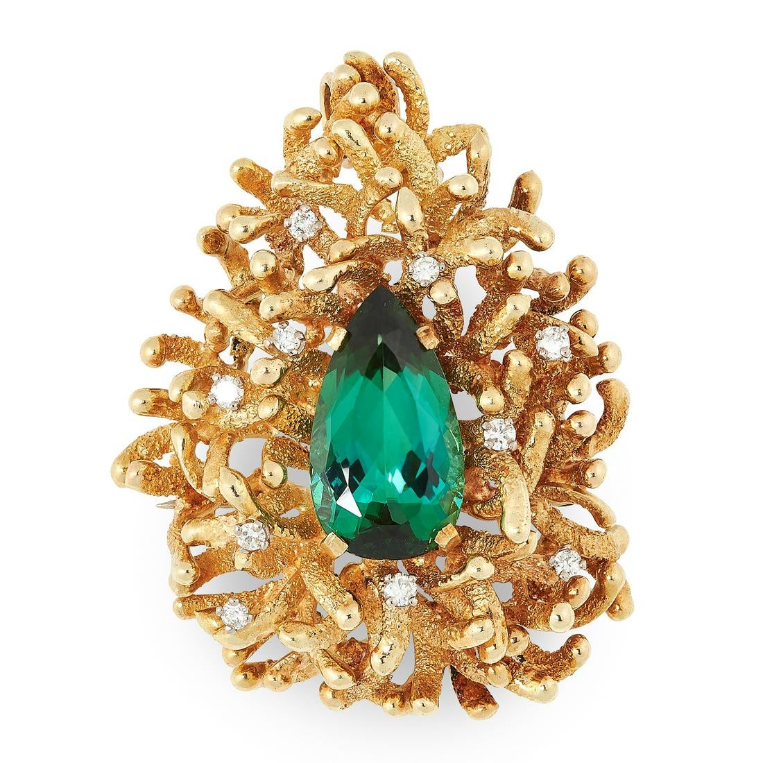 A VINTAGE TOURMALINE AND DIAMOND BROOCH / PENDANT, ALAN MARTIN GARD 1978-80 in 18ct yellow gold, set