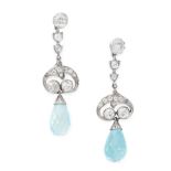 A PAIR OF AQUAMARINE AND DIAMOND EARRINGS in white gold and platinum, each set with a briolette