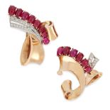 A PAIR OF RETRO RUBY AND DIAMOND REFLECTION CLIP BROOCHES, TRABERT & HOEFFER-MAUBOUSSIN in yellow