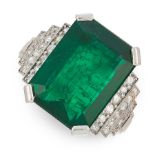 AN ART DECO EMERALD AND DIAMOND RING in platinum, set with an emerald cut emerald of 10.26 carats,