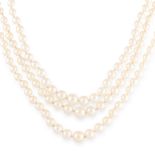A PEARL AND DIAMOND THREE ROW NECKLACE comprising three rows of one hundred and eighty six graduated