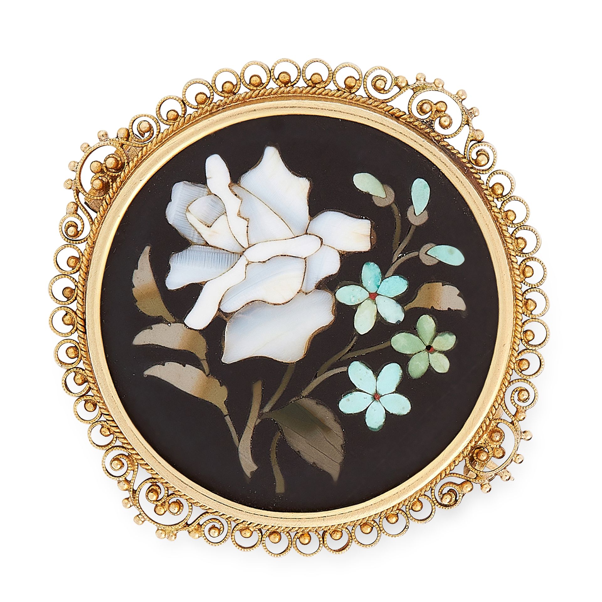 AN ANTIQUE PIETRA DURA BROOCH in yellow gold, the circular face set with polished hardstone pieces