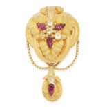 AN ANTIQUE GARNET AND CHRYSOLITE BROOCH, 19TH CENTURY in high carat yellow gold, set with a