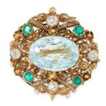 AN ANTIQUE AQUAMARINE, EMERALD AND DIAMOND BROOCH, 19TH CENTURY in yellow gold, set with an oval cut