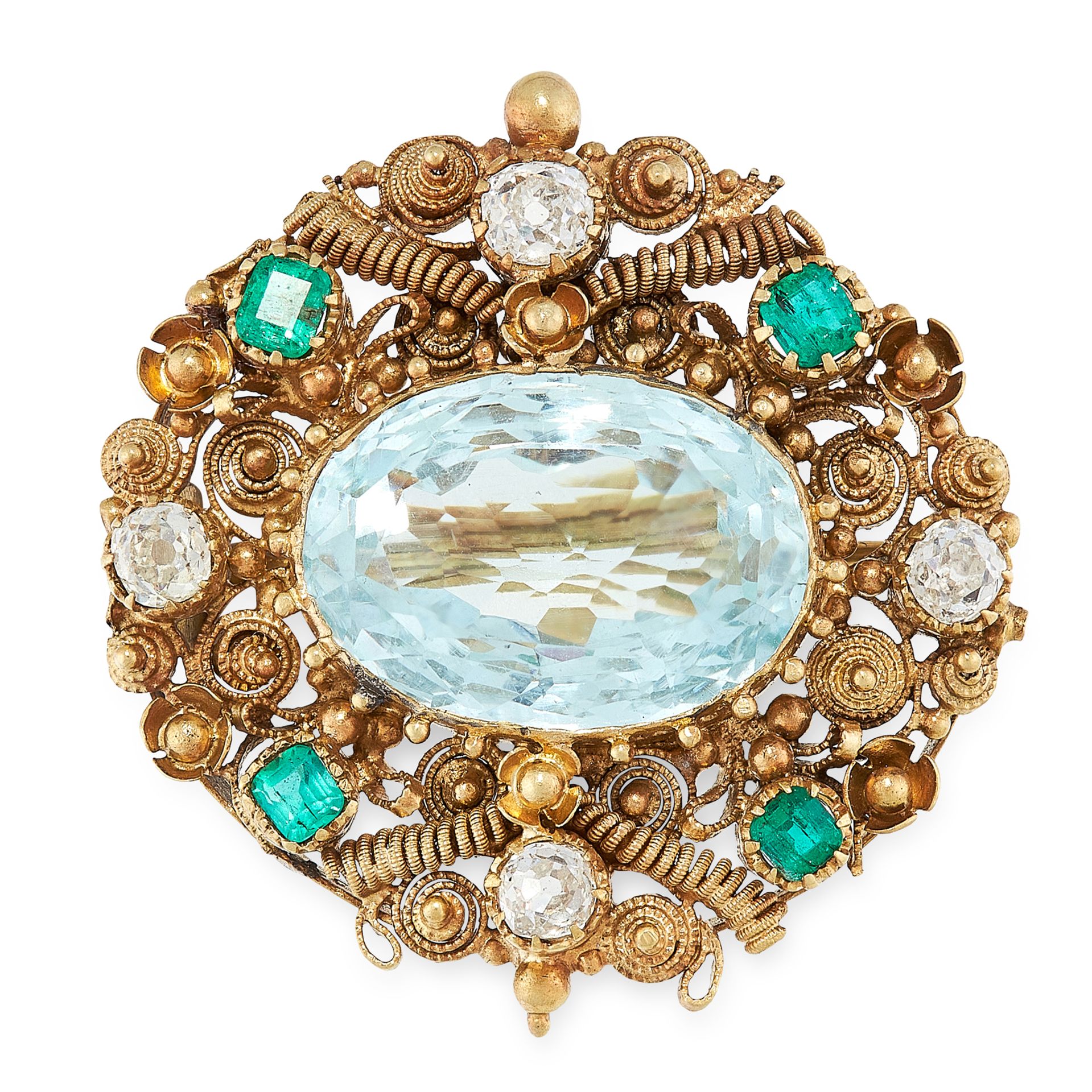 AN ANTIQUE AQUAMARINE, EMERALD AND DIAMOND BROOCH, 19TH CENTURY in yellow gold, set with an oval cut