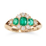 AN ANTIQUE EMERALD AND DIAMOND RING, CIRCA 1910 in 18ct yellow gold, set with a trio of graduated