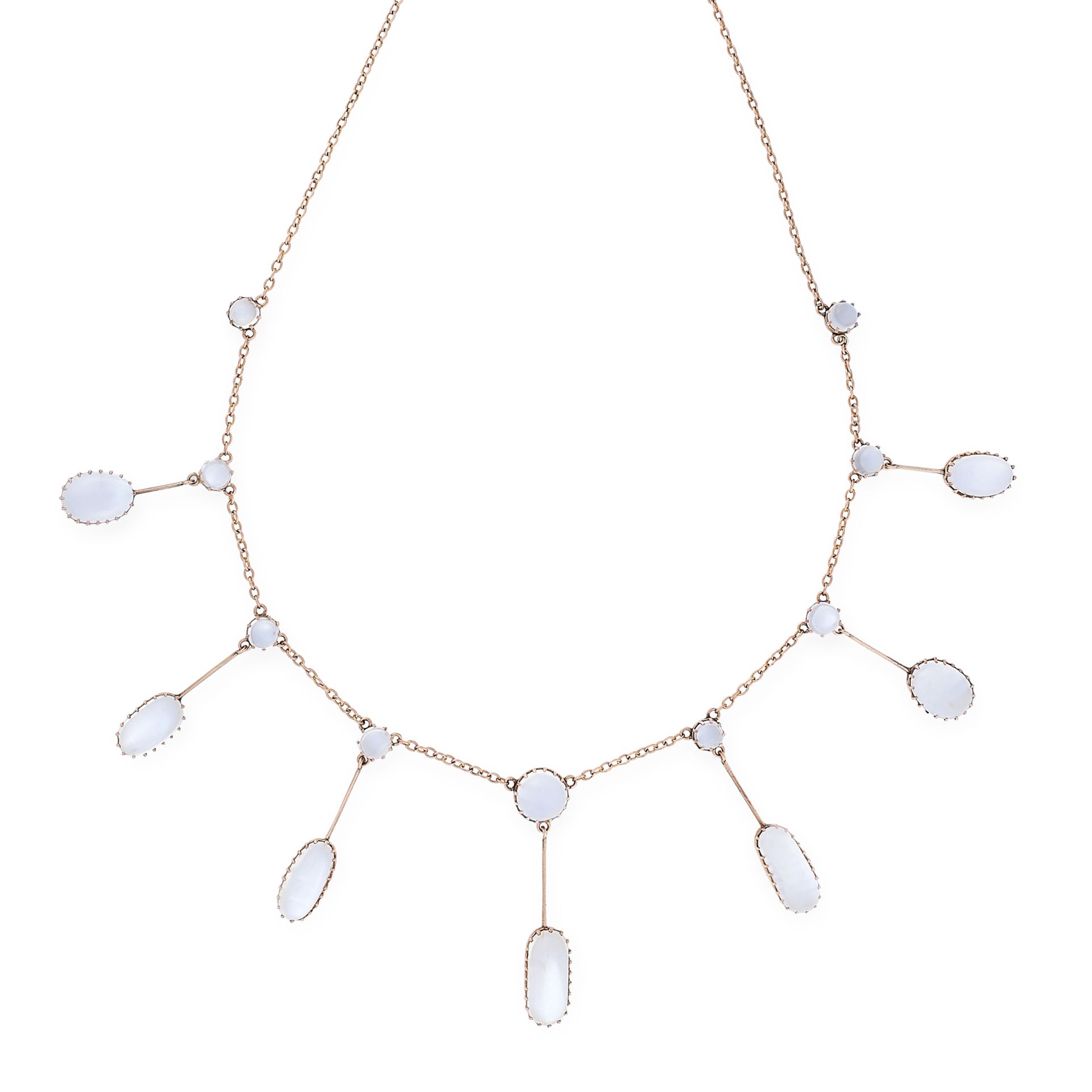 A MOONSTONE FRINGE NECKLACE, EARLY 20TH CENTURY in yellow world, the belcher link chain suspending a