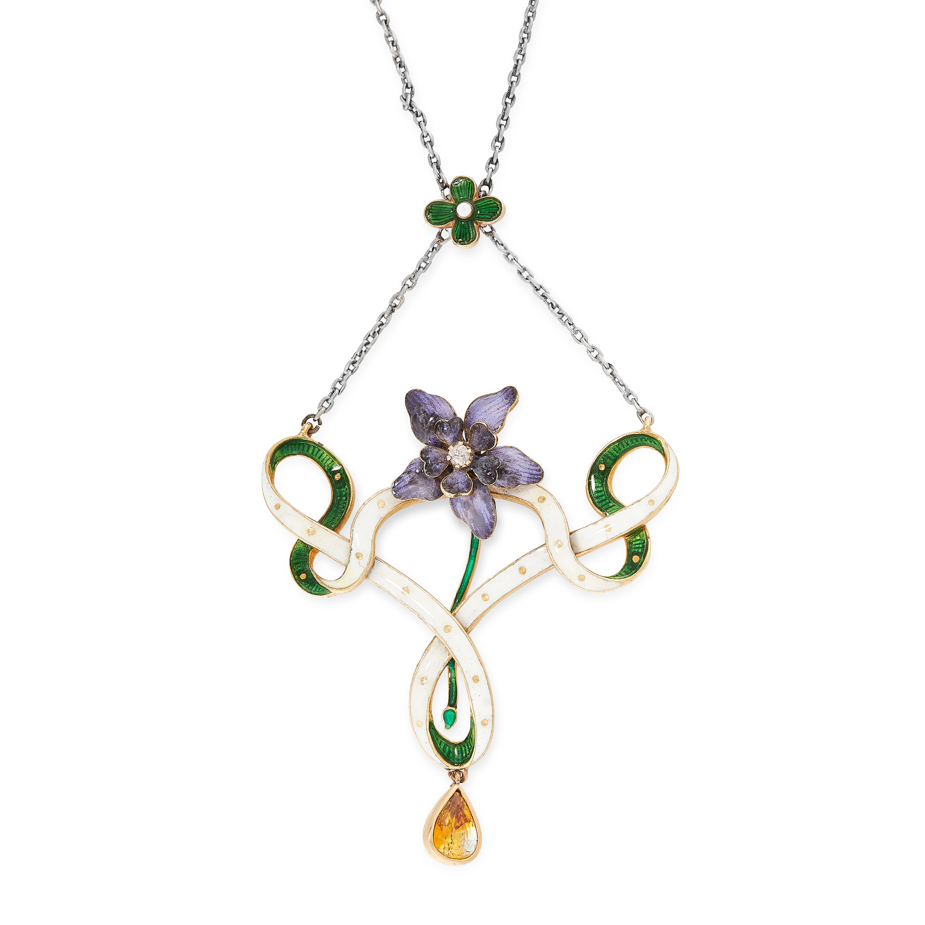 AN ANTIQUE ENAMEL, CITRINE AND DIAMOND PENDANT NECKLACE, EARLY 20TH CENTURY in yellow gold and