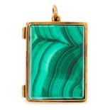 AN ANTIQUE MALACHITE LOCKET PENDANT, 19TH CENTURY in high carat yellow gold, the rectangular