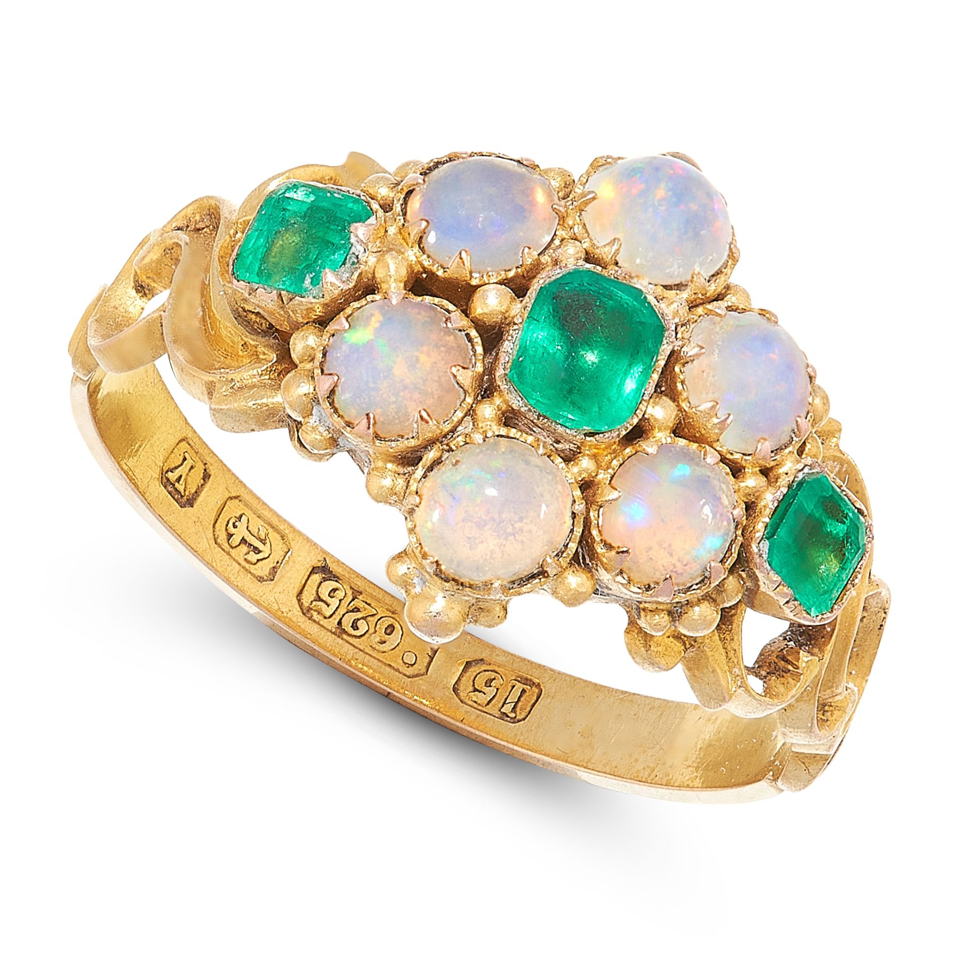 AN ANTIQUE VICTORIAN EMERALD AND OPAL RING, 1873 in 15ct yellow gold, the central flower motif set