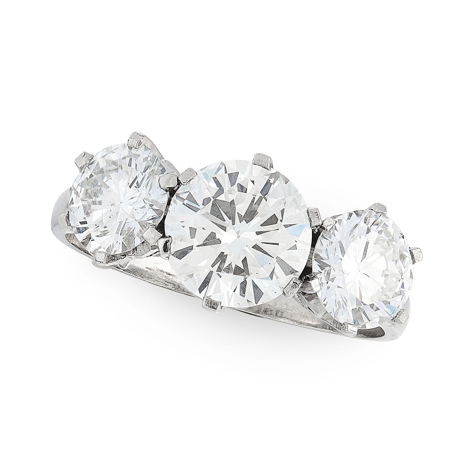 A DIAMOND THREE STONE RING in platinum, set with a principal round cut diamond of 1.40 carats
