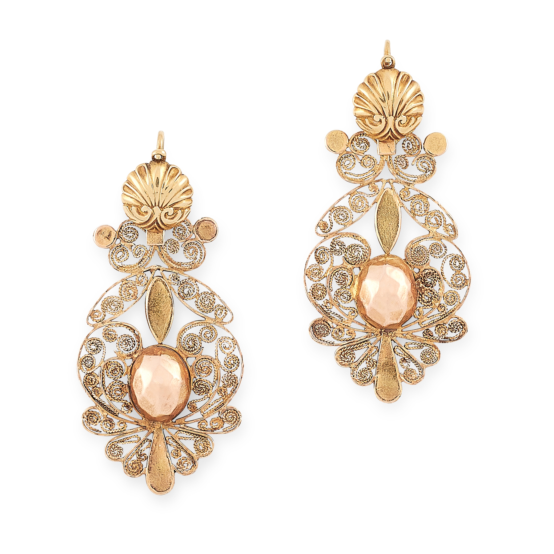 A PAIR OF ANTIQUE DROP EARRINGS, 19TH CENTURY in yellow gold, each formed of a foliate body with