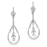 A PAIR OF DIAMOND DROP EARRINGS each formed of a foliate motif set with round cut diamonds,