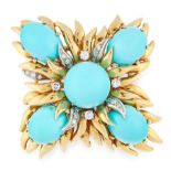 A VINTAGE TURQUOISE AND DIAMOND BROOCH / PENDANT in 18ct yellow gold, set with five circular and