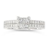 A DIAMOND DRESS RING in 18ct white gold, set with a central cluster of four princess cut diamonds,