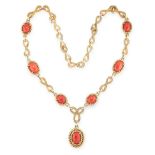 A VINTAGE CORAL NECKLACE in 18ct yellow gold, formed of Celtic knot style links punctuated by oval