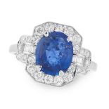 A SAPPHIRE AND DIAMOND DRESS RING in 18ct white gold, set with an oval cut blue sapphire of 2.54