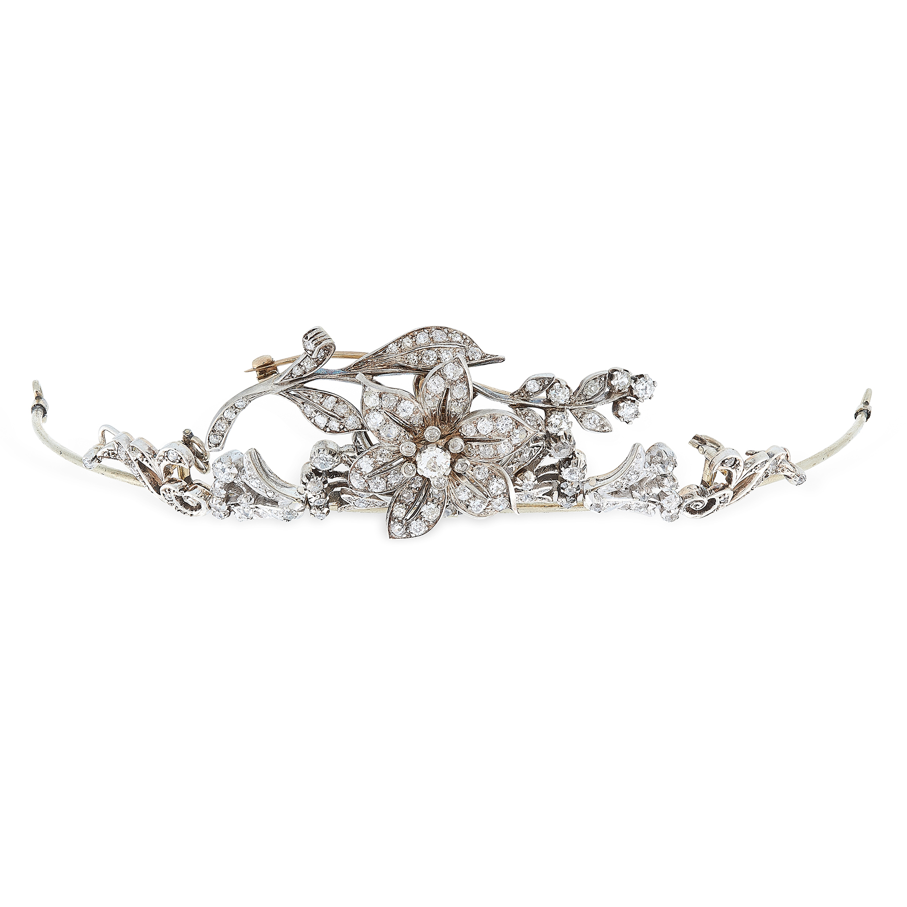 AN ANTIQUE DIAMOND TIARA, 19TH CENTURY in high carat yellow gold and silver, the plain band set with