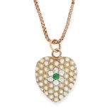 AN ANTIQUE DEMANTOID GARNET, DIAMOND AND PEARL PENDANT AND CHAIN in yellow gold, designed as a