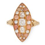 AN ANTIQUE DIAMOND, CORAL AND PEARL RING, 19TH CENTURY in yellow gold, the nanette face set with a